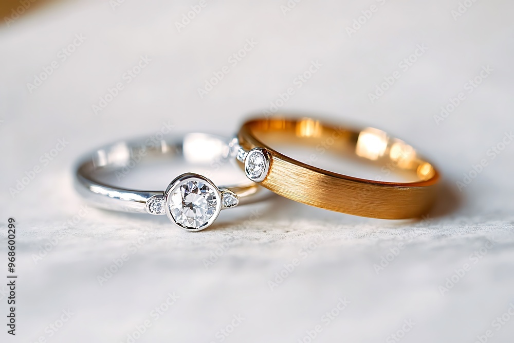 Gold and silver diamond wedding rings white background Gold and silver diamond wedding rings white background