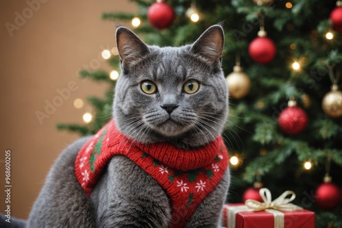 serious gray domestic cat in red sweater against christmas tree photo