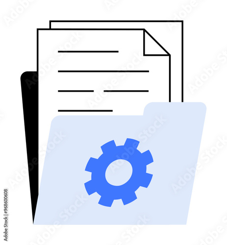 A blue folder with a gear icon and three documents partially visible behind it. Ideal for organization, file management, settings, document handling, and administrative tasks.