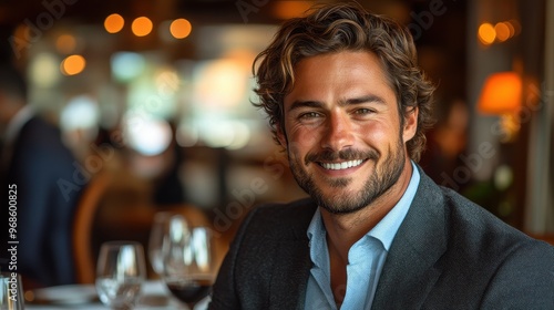 Handsome Young Businessman Smiling in Elegant Restaurant, Confident Pose with Blurred Background, Table Set for Two, Modern Business Life and Social Culture