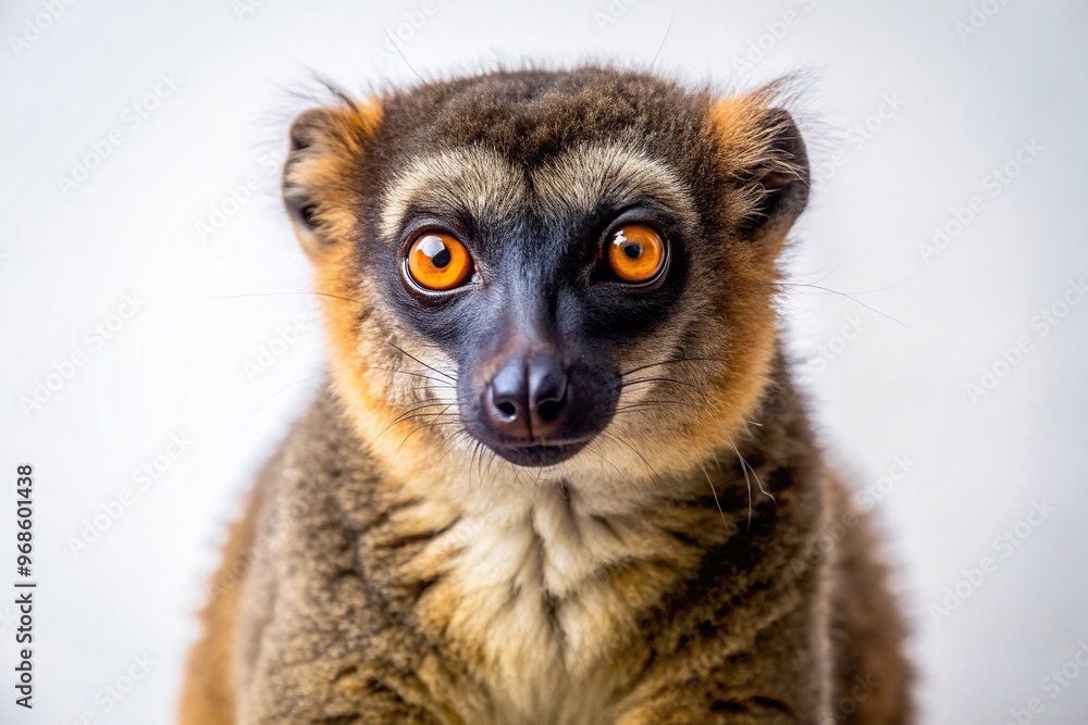 Obraz premium close-up, species, exotic, stock photo, nature, Madagascar, eyes, animal, A close up photo of a brown lemur with a white background and studio lighting showcasing its intricate details