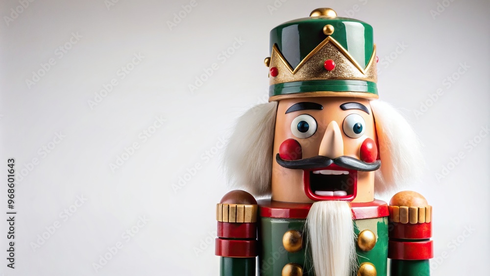 A minimalist white background stock photo featuring a detailed depiction of a nutcracker with its mouth wide open ready to crack a nut, holiday, wooden toy,nutcracker, white background A minimalist white background stock photo featuring a detailed depiction of a nutcracker with its mouth wide open ready to crack a nut, holiday, wooden toy,nutcracker, white background