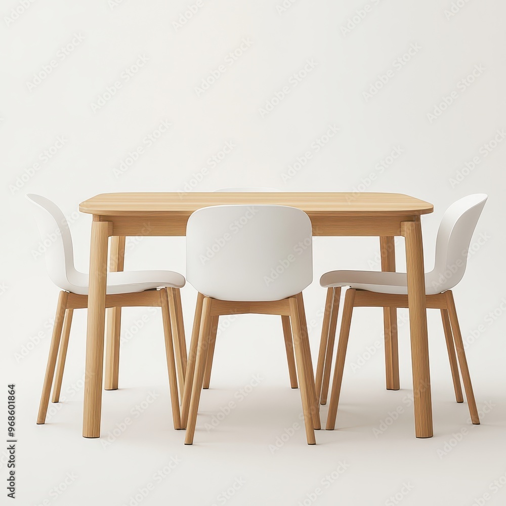 A minimalist wooden table with four white chairs arranged around it. A minimalist wooden table with four white chairs arranged around it.
