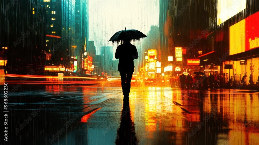 Solitude in the Rain - Person Walking Alone Under Damaged Umbrella in Misty Cityscape Solitude in the Rain - Person Walking Alone Under Damaged Umbrella in Misty Cityscape
