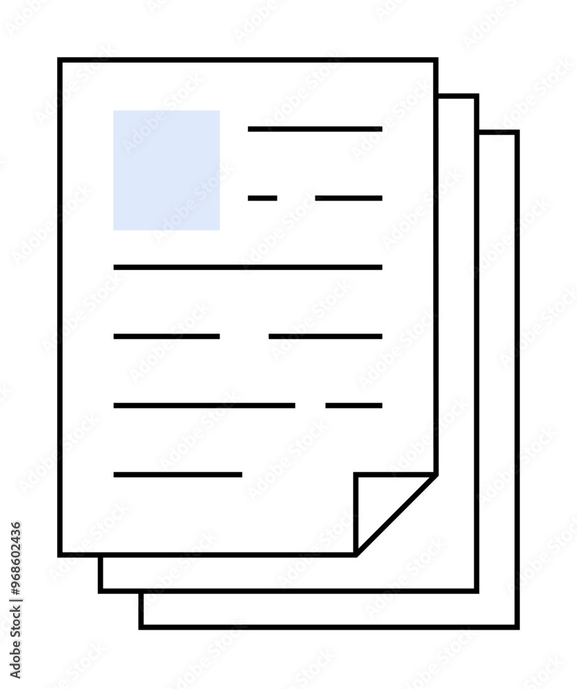 Black and white stack of documents with a blue highlighted section. Ideal for business, office, document management, organization, and paperwork themes. Clean, simple vector style. Black and white stack of documents with a blue highlighted section. Ideal for business, office, document management, organization, and paperwork themes. Clean, simple vector style.