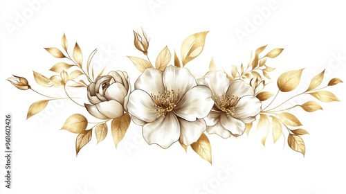 Elegant floral arrangement of tulips and roses, single-line illustration, gold on white, minimalist and luxurious, ideal for wedding invitations