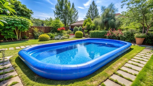 backyard garden with tags including pool backyard inflatable water recreation family summer relaxation private house outdoor fun play leisure sunny refreshment swimming vacation garden and enjoyment