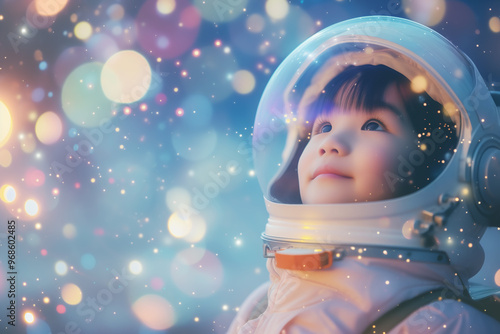 宇宙服を着た子供とキラキラの背景