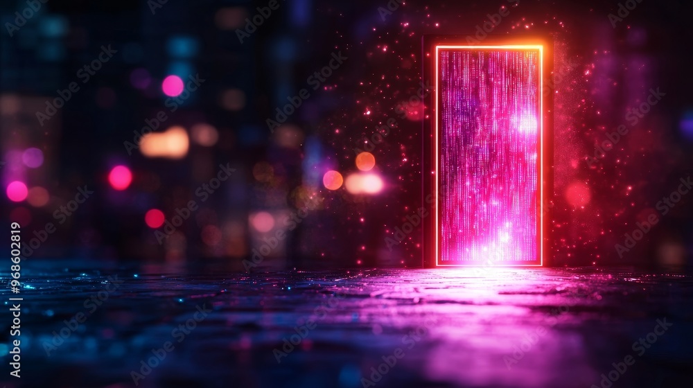 Futuristic glass door ajar, emitting a vibrant holographic glow that highlights a digital path leading forward. Tech-inspired, neon colors, cyber-futurism, sharp details Futuristic glass door ajar, emitting a vibrant holographic glow that highlights a digital path leading forward. Tech-inspired, neon colors, cyber-futurism, sharp details