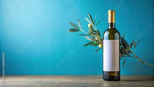 olive branch, placement, drinks, vineyard, A beautifully arranged wine bottle stands upright on a blue background showcasing a blank label fittingly complemented by an olive branch photo