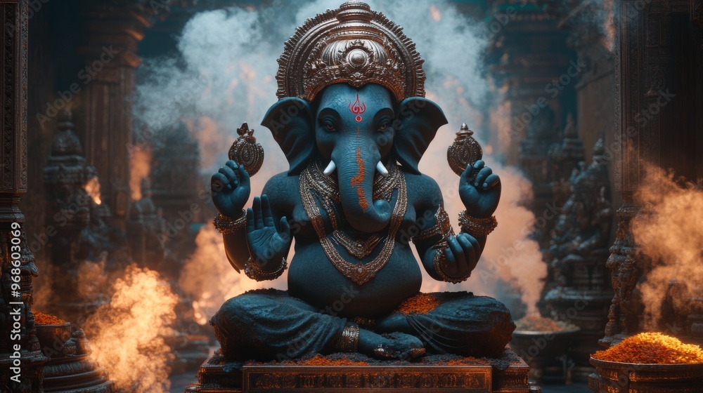 Ganesha idol in a serene temple, surrounded by golden offerings and thick incense smoke, retro futurism style, neon lighting, ethereal mood, detailed 3D model Ganesha idol in a serene temple, surrounded by golden offerings and thick incense smoke, retro futurism style, neon lighting, ethereal mood, detailed 3D model