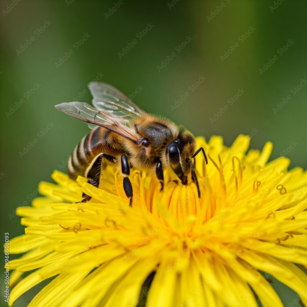 Bee collects pollen on yellow flower Bee collects pollen on yellow flower