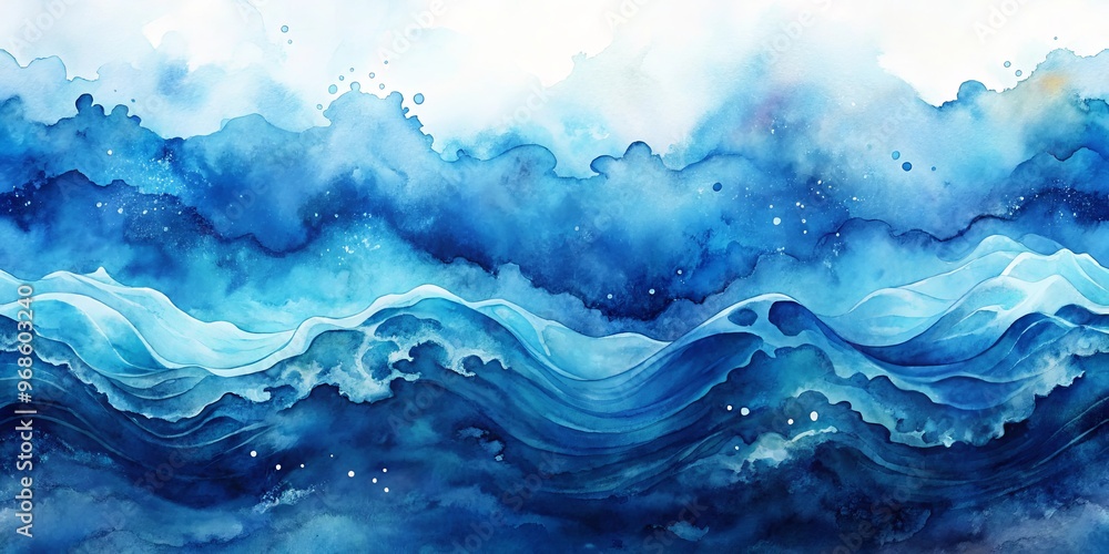 Fluid watercolor ocean and sky background with indigo stains and wave-like patterns Fluid watercolor ocean and sky background with indigo stains and wave-like patterns