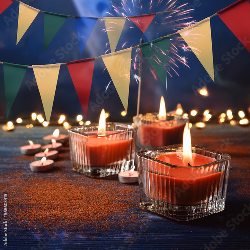 Happy Diwali festival of lights colorful banner template design with decorative diya lamp photo