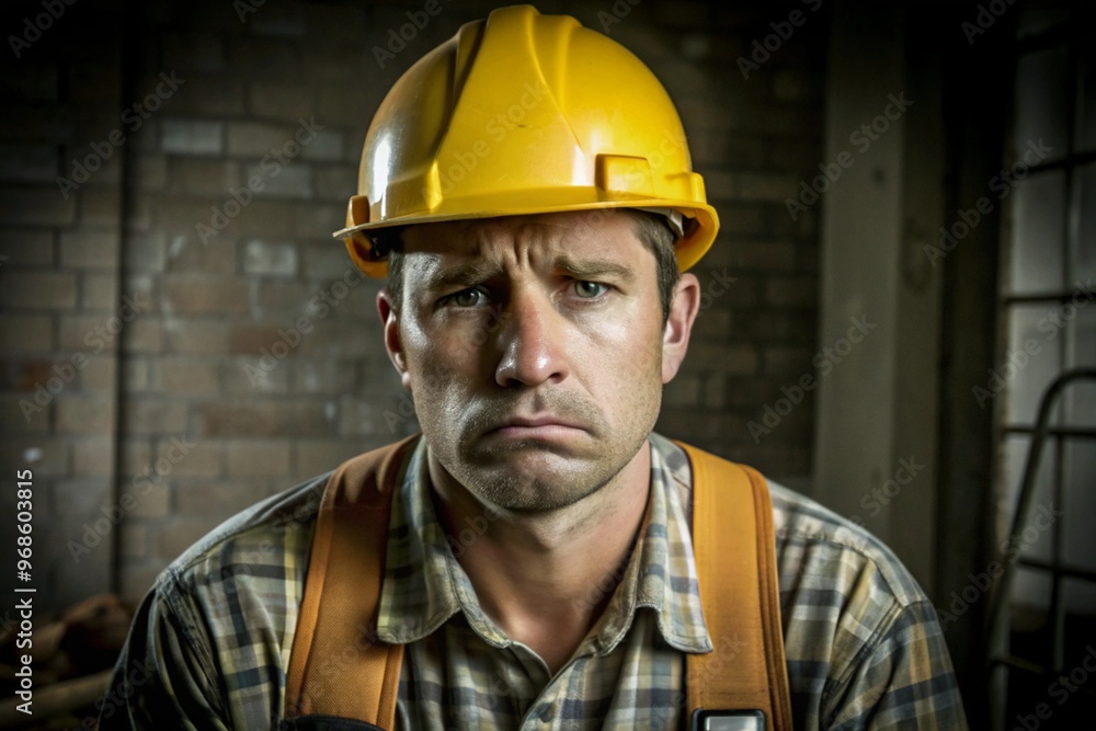 Exhausted construction worker at construction site labor day Exhausted construction worker at construction site labor day