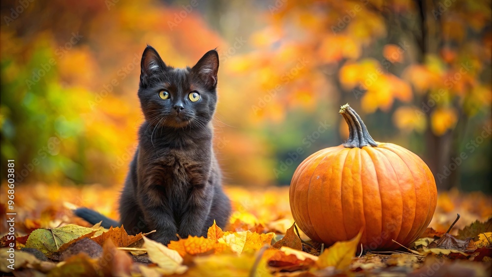 Ominous black kitten sitting in autumn leaves next to a haunting Halloween pumpkin Ominous black kitten sitting in autumn leaves next to a haunting Halloween pumpkin
