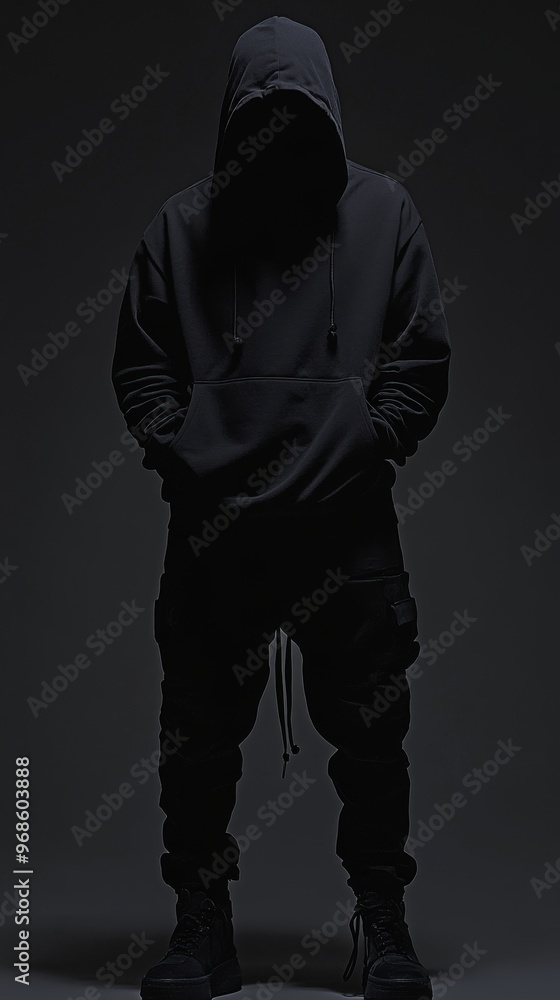 Mysterious figure in black hoodie on dark Mysterious figure in black hoodie on dark