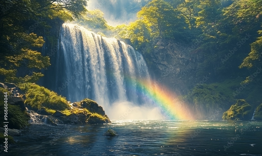 A stunning waterfall with a rainbow forming in the mist, surrounded by lush greenery, capturing the beauty of nature in sunlight. A stunning waterfall with a rainbow forming in the mist, surrounded by lush greenery, capturing the beauty of nature in sunlight.