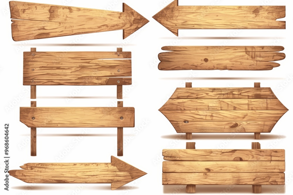 Set of wooden directional signs in various arrow shapes with rustic textures, ideal for guiding directions. All signs are isolated on a white background. Set of wooden directional signs in various arrow shapes with rustic textures, ideal for guiding directions. All signs are isolated on a white background.
