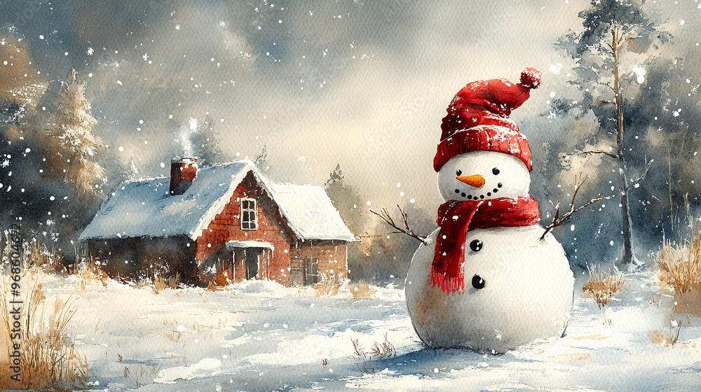 Obraz premium Winter holiday background banner cute snowman Merry christmas and happy new year