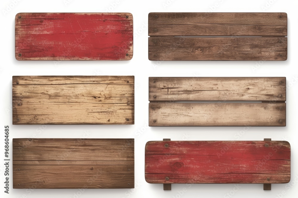Obraz premium Set of vintage wooden signboards in various shapes with intricate wood carvings and textures. Isolated on a white background.
