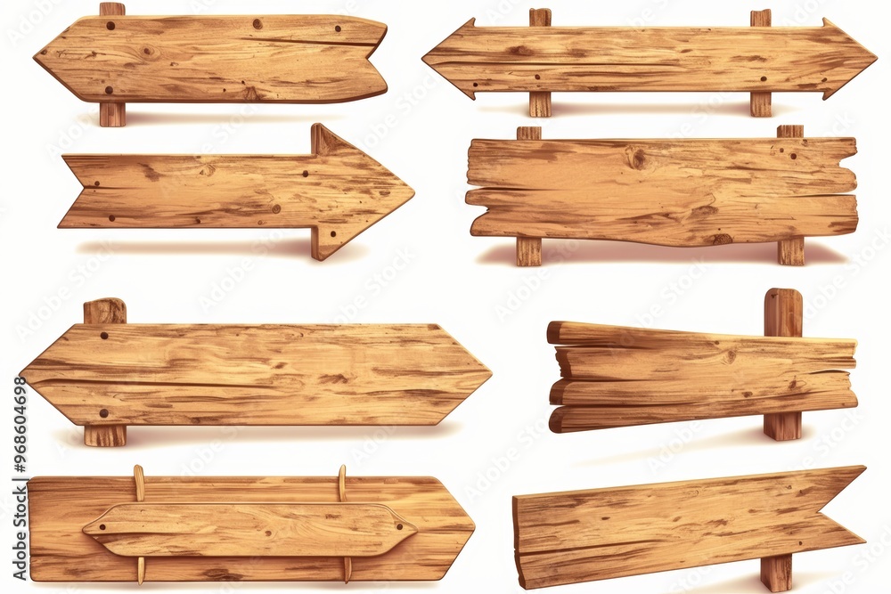 Set of wooden directional signs in various arrow shapes with rustic textures, ideal for guiding directions. All signs are isolated on a white background. Set of wooden directional signs in various arrow shapes with rustic textures, ideal for guiding directions. All signs are isolated on a white background.