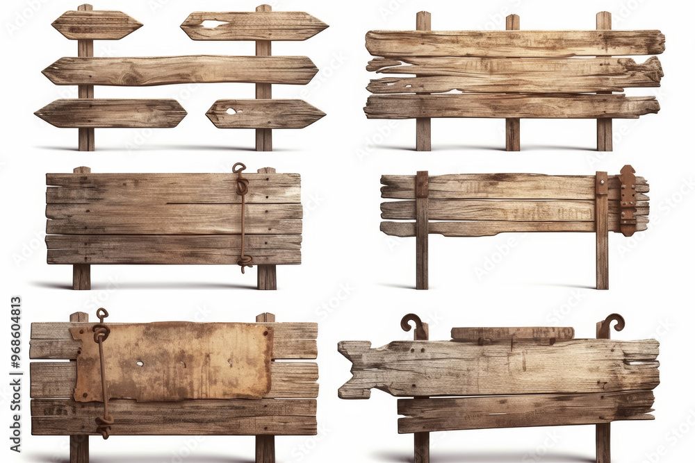 Set of rustic wooden signs with a weathered look and various shapes, perfect for outdoor direction. Isolated on a white background. Set of rustic wooden signs with a weathered look and various shapes, perfect for outdoor direction. Isolated on a white background.
