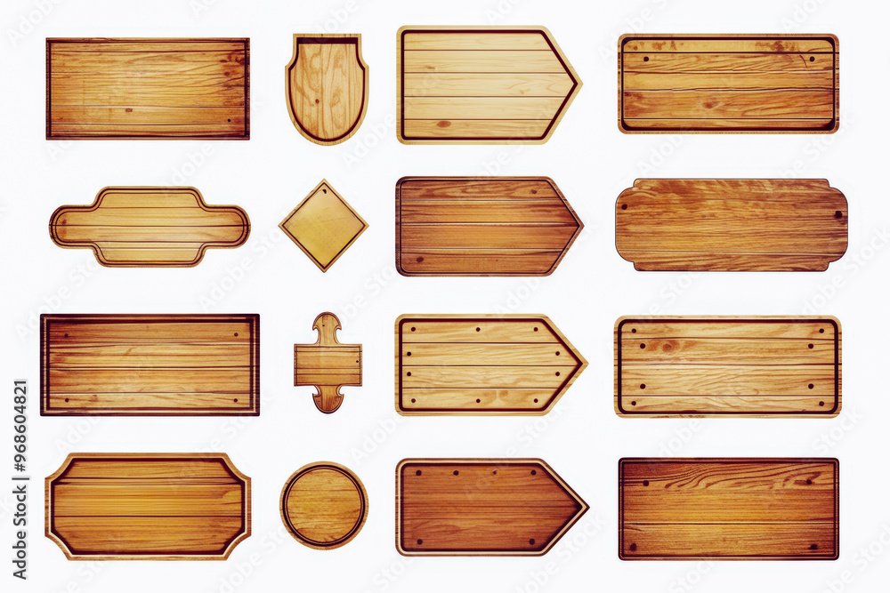 Set of wooden signs in various shapes, including arrows, rectangles, and circles, with a clean and polished wood texture. Isolated on a white background. Set of wooden signs in various shapes, including arrows, rectangles, and circles, with a clean and polished wood texture. Isolated on a white background.