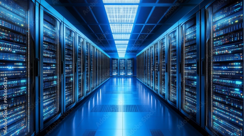 Modern Data Center Server Room with Blue Lighting Modern Data Center Server Room with Blue Lighting