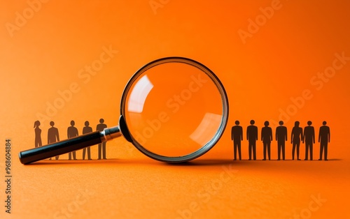 A magnifying glass hovers over human silhouettes against an orange background, symbolizing recruitment, talent search, and analysis.