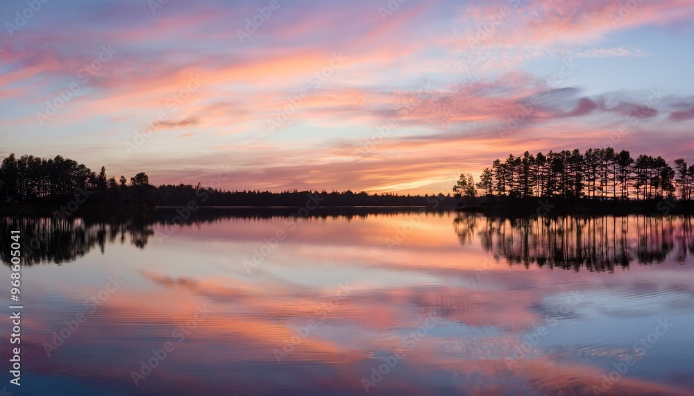 Fototapeta premium Dreamy Dusk: Soft Cotton Candy Clouds and Mirror-Like Reflections Over a Calm Lake
