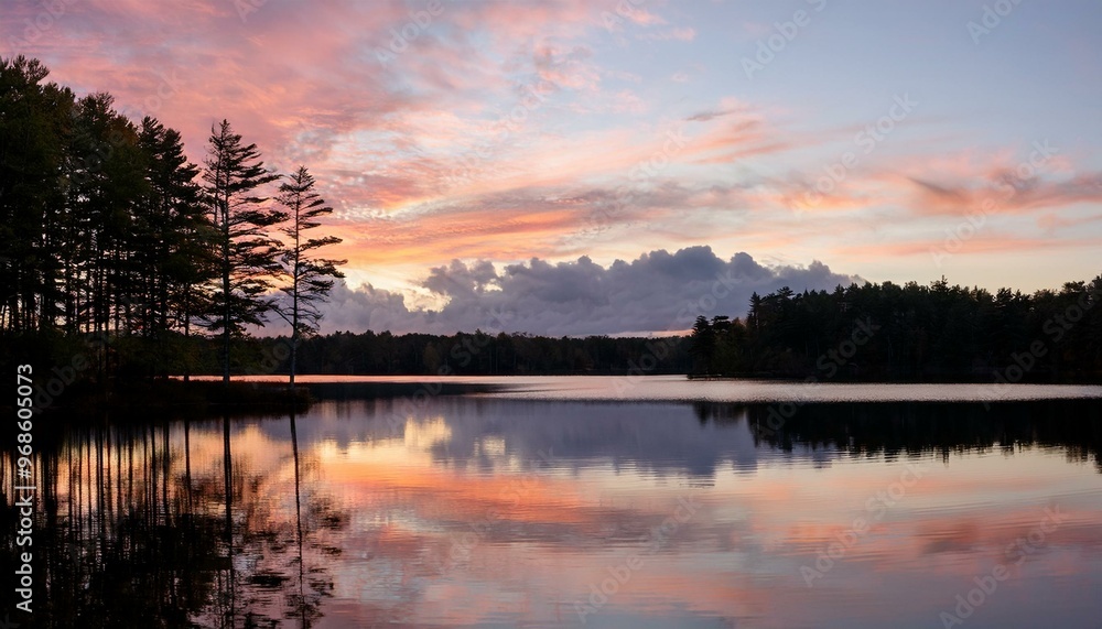 Dreamy Dusk: Soft Cotton Candy Clouds and Mirror-Like Reflections Over a Calm Lake Dreamy Dusk: Soft Cotton Candy Clouds and Mirror-Like Reflections Over a Calm Lake