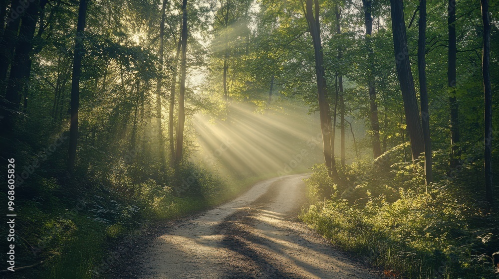 Obraz premium Forest Road Illuminated by Sunrays