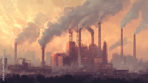 A silhouette of a large industrial factory with smoke billowing from its tall smokestacks against a hazy orange sky.