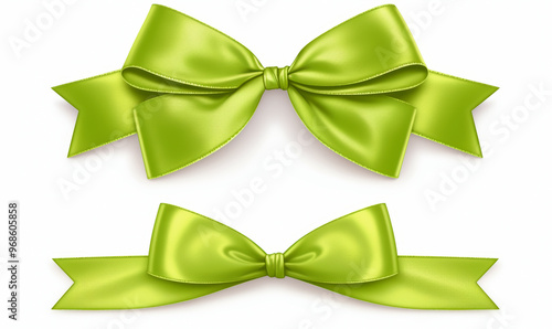 Collection of green satin bows with ribbons, tied neatly in different styles on a soft, light background. Ideal for wrapping gifts for various occasions.