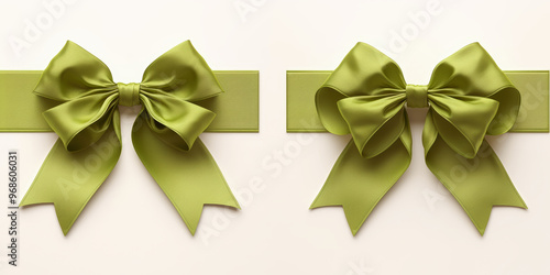 Collection of green satin bows with ribbons, tied neatly in different styles on a soft, light background. Ideal for wrapping gifts for various occasions.