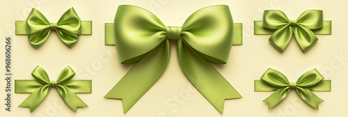 Collection of green satin bows with ribbons, tied neatly in different styles on a soft, light background. Ideal for wrapping gifts for various occasions.
