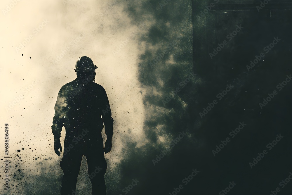 A man in a black suit stands in front of a wall of smoke A man in a black suit stands in front of a wall of smoke