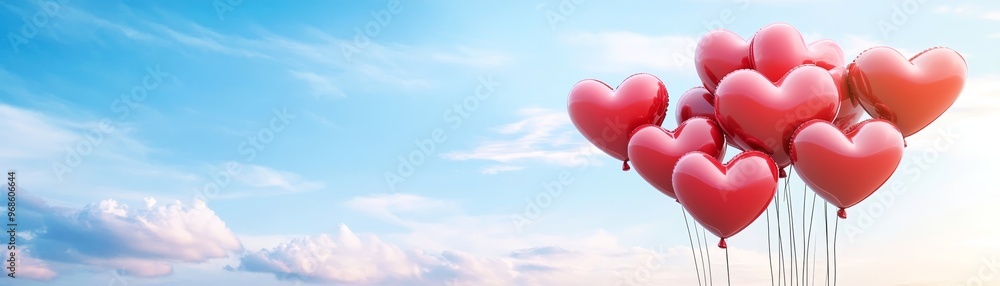 Red Heart Balloons Floating in Blue Sky with Clouds Red Heart Balloons Floating in Blue Sky with Clouds