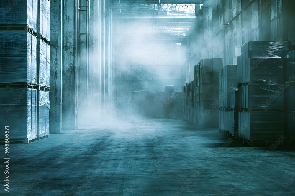 A warehouse with a foggy atmosphere A warehouse with a foggy atmosphere