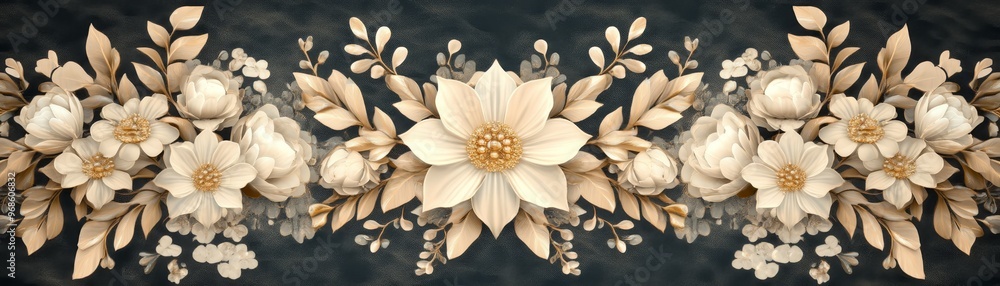 Obraz premium Elegant Floral Border with White Flowers and Golden Leaves on Black Background
