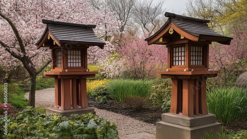 Japanese lanterns on asian garden with blossom trees