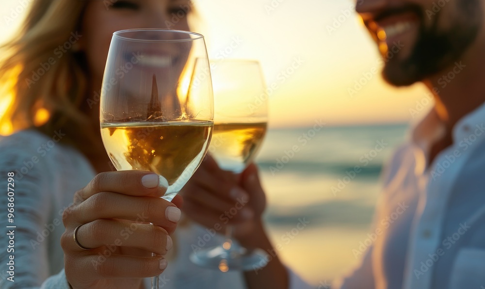 Young Couple Sipping Wine on the Beach at Sunset Young Couple Sipping Wine on the Beach at Sunset