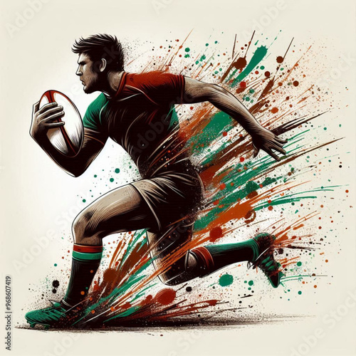 Rugby player in action sprinting with intense energy and colorful splashes

