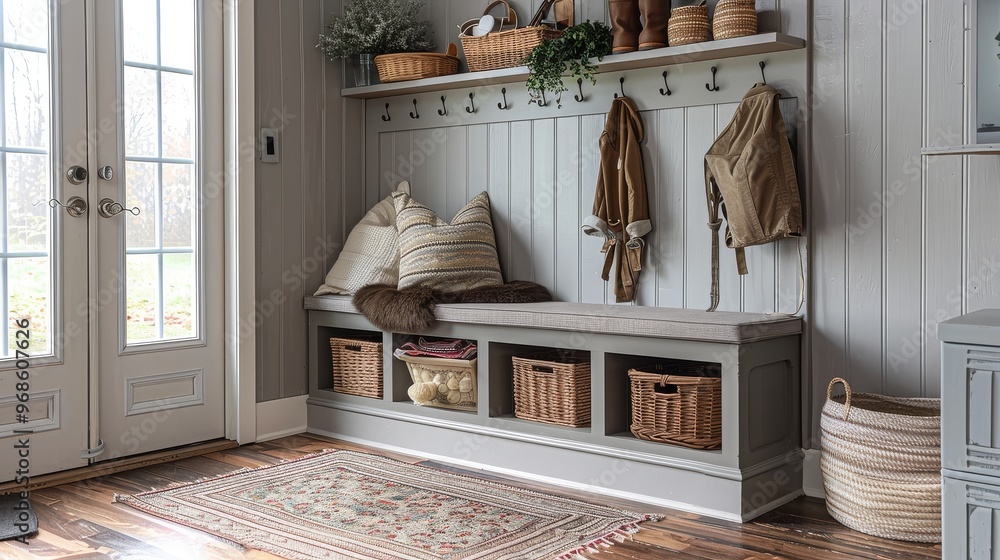 Light Gray Wooden Hall Tree with Open Shelving and Coat Hooks, Residential Interior Style, Wide Shot, High Definition Light Gray Wooden Hall Tree with Open Shelving and Coat Hooks, Residential Interior Style, Wide Shot, High Definition