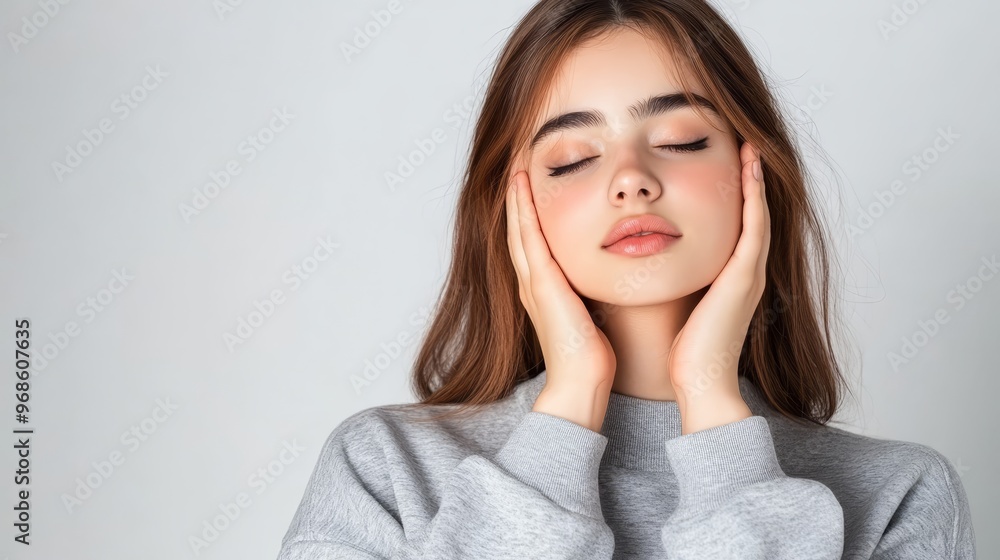 Beautiful Woman with Closed Eyes Relaxed Facial Expression Gray Sweater Hands on Face Beautiful Woman with Closed Eyes Relaxed Facial Expression Gray Sweater Hands on Face