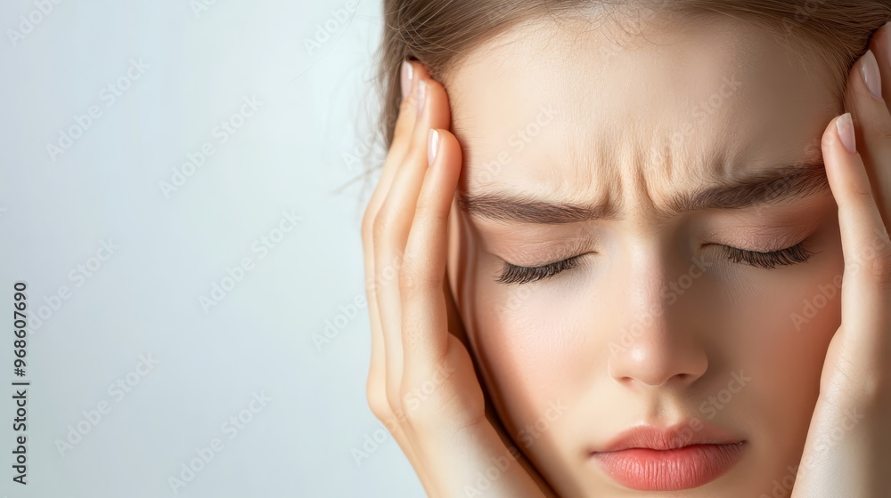 Woman Feeling Stress or Pain Holding Her Head with Eyes Closed Woman Feeling Stress or Pain Holding Her Head with Eyes Closed