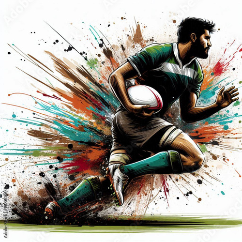 Rugby player in action sprinting with intense energy and colorful splashes

