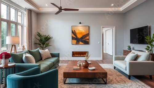 Contemporary living room interior with cozy sofa
