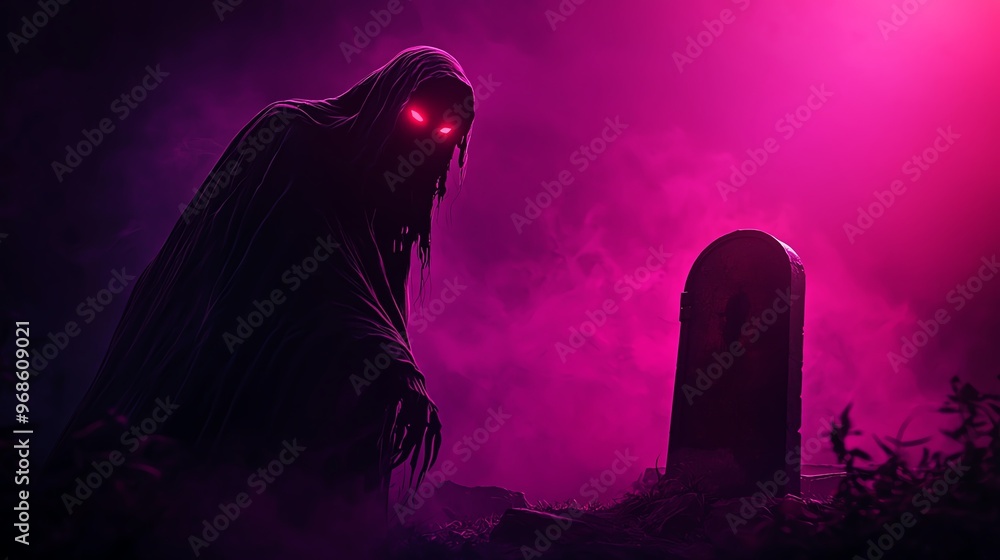 A haunting figure looms by a grave, surrounded by eerie mist and vibrant purple light, evoking a supernatural atmosphere. A haunting figure looms by a grave, surrounded by eerie mist and vibrant purple light, evoking a supernatural atmosphere.
